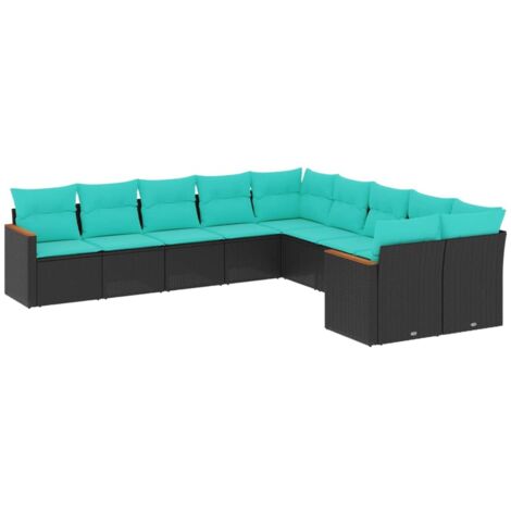 10-teiliges Gartensofa-Set mit Kissen, schwarzes Polyrattan vidaXL
