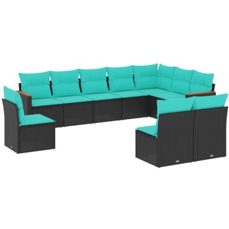 10-teiliges Gartensofa-Set mit Kissen, schwarzes Polyrattan vidaXL