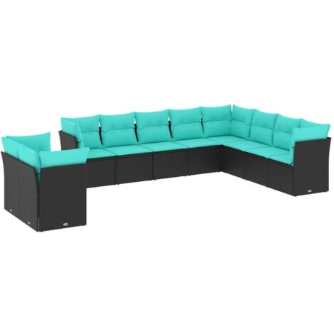 10-teiliges Gartensofa-Set mit Kissen, schwarzes Polyrattan vidaXL