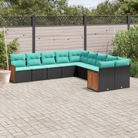 10-teiliges Gartensofa-Set mit Kissen, schwarzes Polyrattan vidaXL