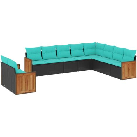 10-teiliges Gartensofa-Set mit Kissen, schwarzes Polyrattan vidaXL