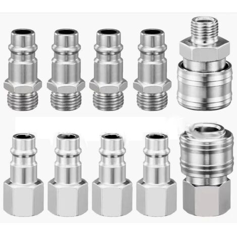 10-teiliges pneumatisches Schnellkupplungsset für Kompressoren, 1/4" BSP, Schnellkupplung, Luftanschluss, Schlauch, Druckluftanschluss, Stecker und Buchse