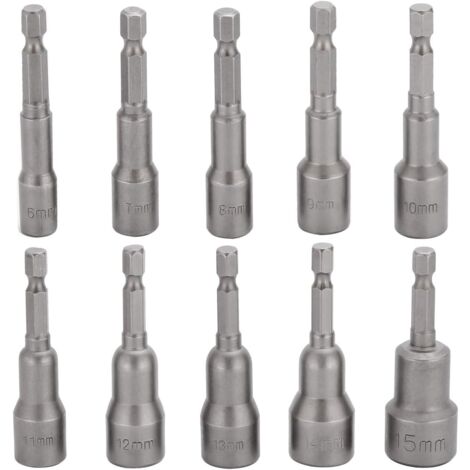 10-teiliges Schlagschrauber-Steckschlüssel-Bit-Set, 6–15 mm, magnetischer Innensechskant-Steckschlüsselsatz, magnetischer Bit-Satz, Bohrer-Sechskant-Steckschlüssel-Steckschlüsselsatz, 1/4 Zoll für Sch