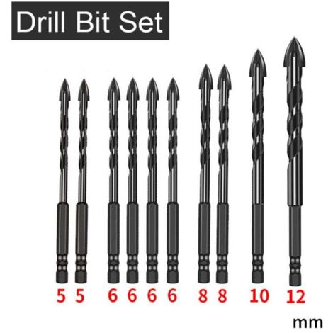 10-teiliges Wolframkarbid-Bohrer-Set für Stein, Fliesen, Ziegel, Keramik, Glas, Metall, Kunststoff, Holz, Schnellwechsel-Sechskantschaft, Größe 5 mm, 6 mm, 8 mm, 10 mm, 12 mm