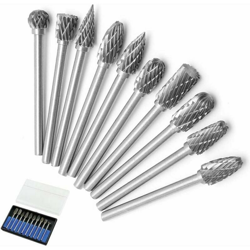 10-teiliges zweischneidiges Wolfram-Frässtift-Set Vollhartmetall-Stahl 3-mm-Schaft-Spiralbohrer-Schäfte für Dremel-Rotationswerkzeuge | 07007910260442