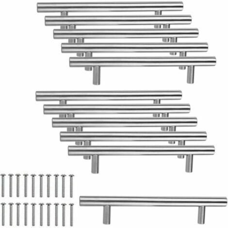 10 tiradores de acero inoxidable para armarios de cocina, con una separación entre orificios de 96 mm, tiradores en T de acero cepillado para puertas de armarios y puertas de cocina.