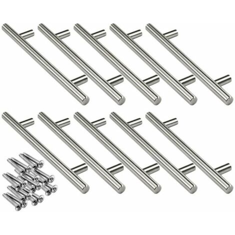 10 tiradores de cocina de acero inoxidable con forma de T, 160 mm, Ø12 mm, para puertas de armarios, con tornillos.