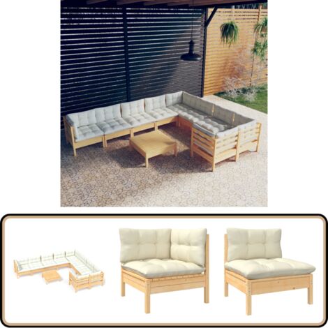 10-tlg. Garten-Lounge-Set mit Creme Kissen Kiefernholz - Garten Lounge Set - Kiefernholz Möbel - Outdoor Furniture - Gartengeräte - Loungemöbel
