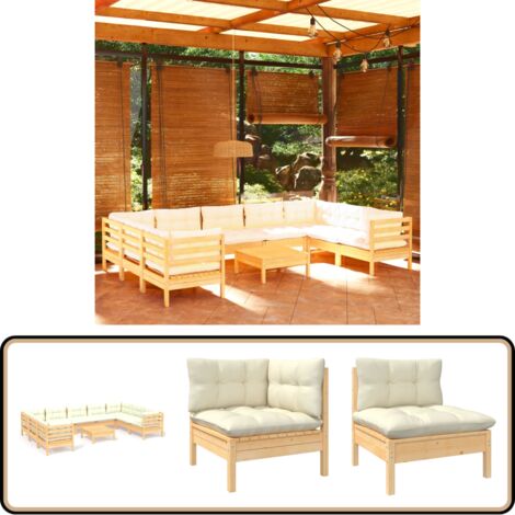10-tlg. Garten-Lounge-Set mit Creme Kissen Kiefernholz - Gartengeräte - Lounge Set - Gartenmöbel - Outdoor Möbel - Kiefernholz