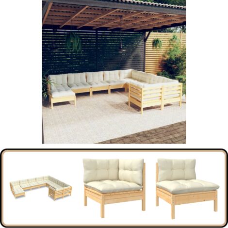 10-tlg. Garten-Lounge-Set mit Creme Kissen Kiefernholz - Gartensessel - Lounge Set - Gartenmöbel - Outdoor Möbel - Kiefernholz