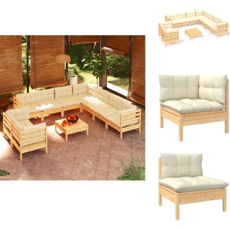 10-tlg. Garten-Lounge-Set mit Creme Kissen Massivholz Kiefer - Gartenmöbeln - Lounge Set - Outdoor Möbel - Rattan Gartenmöbel - Kiefernholzmöbel