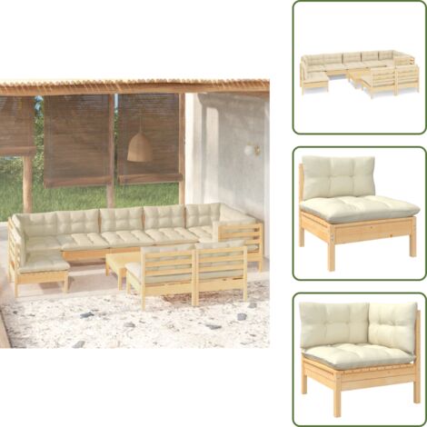 10-tlg. Garten-Lounge-Set mit Creme Kissen Massivholz Kiefer - Gartensessel - Lounge Set - Gartenmöbeln - Outdoor Möbel - Kiefernholz