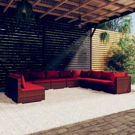 10-tlg. Garten-Lounge-Set mit Kissen Braun Poly Rattan