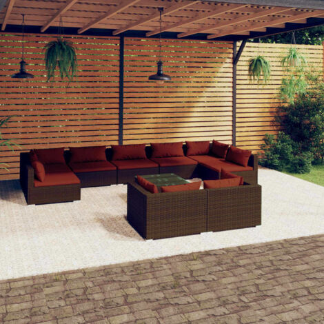 10-tlg. Garten-Lounge-Set mit Kissen Braun Poly Rattan