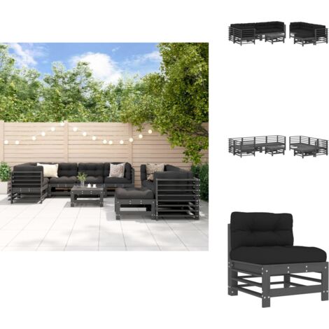 10-tlg. Garten-Lounge-Set mit Kissen Grau Massivholz - Gartenmöbel - Loungesessel - Gartenloungeset - Rattan Möbel - Holz Gartenmöbel