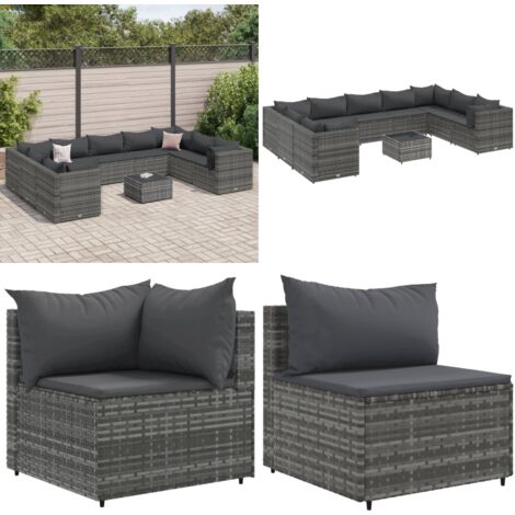 10-tlg. Garten-Lounge-Set mit Kissen Grau Poly Rattan - Gartensets - Lounge Set - Gartenmöbel - Rattan Möbel - Outdoor Möbel - Home & Living