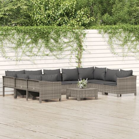 10-tlg. Garten-Lounge-Set mit Kissen Grau Poly Rattan vidaXL
