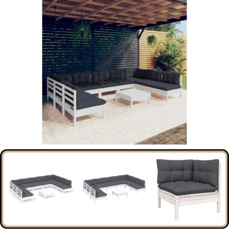 10-tlg. Garten-Lounge-Set mit Kissen Weiß Kiefer Massivholz - Garten Lounge Set - Kiefernholzmöbel - Outdoor Möbel - Gartengeräte - Terrasse