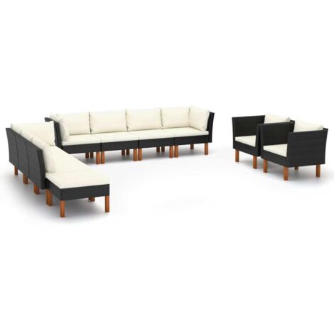 10-tlg. Garten-Lounge-Set Poly Rattan Eukalyptusholz Schwarz