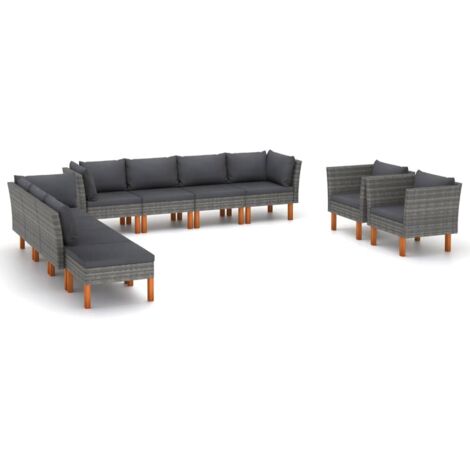 10-tlg. Garten-Lounge-Set Poly Rattan und Eukalyptusholz Grau