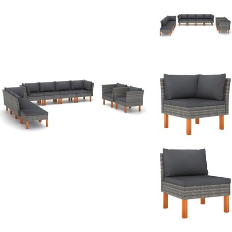 10-tlg. Garten-Lounge-Set Poly Rattan und Eukalyptusholz Grau - Gartensitzgruppe - Lounge-Set - Gartenmöbel - Outdoor-Möbel - Rattanmöbel