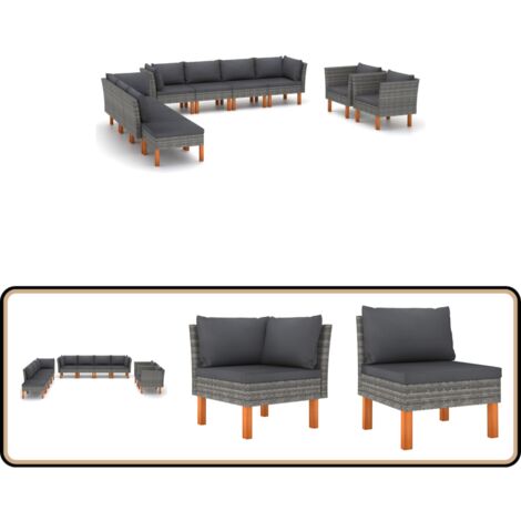 10-tlg. Garten-Lounge-Set Poly Rattan und Eukalyptusholz Grau - Gartensitzgruppe - Lounge-Set - Gartenmöbel - Outdoor-Möbel - Rattanmöbel