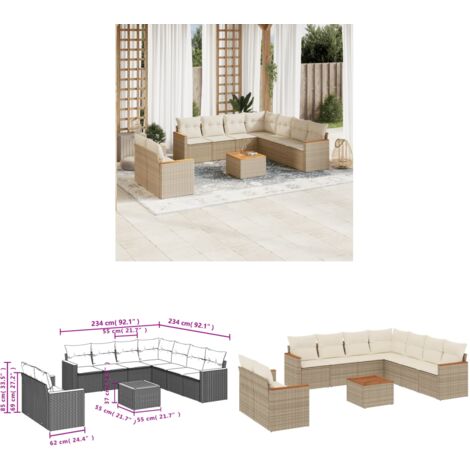 10-tlg. Garten-Sofagarnitur mit Kissen Beige Poly Rattan - Gartenmöbel Set - Esstisch - Lounge Möbel - Outdoor Sofa - Rattan Gartenmöbel - Home & Living