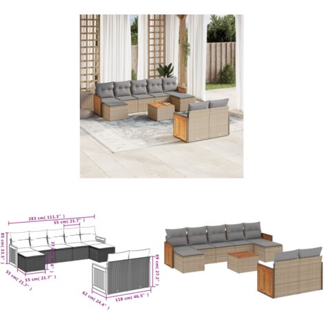 10-tlg. Garten-Sofagarnitur mit Kissen Beige Poly Rattan - Gartenmöbel Set - Gartensorte - Outdoor Möbel - Lounge Set - Rattan Gartenmöbel - Home & Living