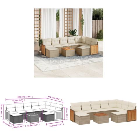 10-tlg. Garten-Sofagarnitur mit Kissen Beige Poly Rattan - Gartenmöbel Set - PE-Rattan Möbel - Outdoor Lounge - Esstisch - Sofasatz - Home & Living