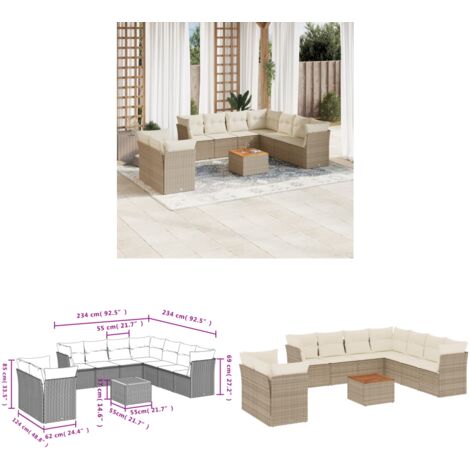 10-tlg. Garten-Sofagarnitur mit Kissen Beige Poly Rattan - Gartensortiment - Outdoor Möbel - Lounge Set - Gartenlounge - Rattan Gartenmöbel - Home & Living
