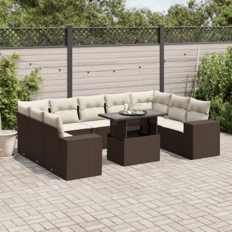 10-tlg. Garten-Sofagarnitur mit Kissen Braun Poly Rattan vidaXL