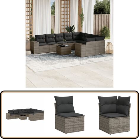 10-tlg. Garten-Sofagarnitur mit Kissen Grau Poly Rattan - Gartenmöbel - Esstischgarnitur - Rattan Möbel - Outdoor Set - Lounge Set