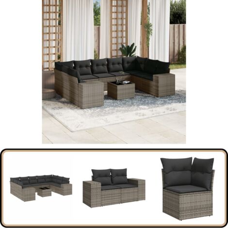 10-tlg. Garten-Sofagarnitur mit Kissen Grau Poly Rattan - Gartenmöbel - Esstischgarnitur - Rattan Möbel - Outdoor Set - Lounge Set