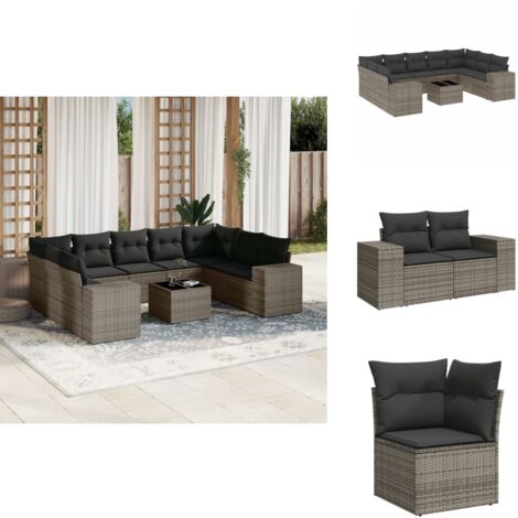 10-tlg. Garten-Sofagarnitur mit Kissen Grau Poly Rattan - Gartenmöbel - Esstischgarnitur - Rattan Möbel - Outdoor Set - Lounge Set