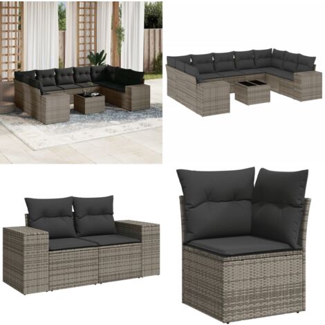 10-tlg. Garten-Sofagarnitur mit Kissen Grau Poly Rattan - Gartenmöbel - Esstischgarnitur - Rattan Möbel - Outdoor Set - Lounge Set - Home & Living