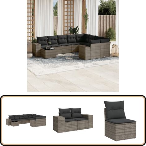 10-tlg. Garten-Sofagarnitur mit Kissen Grau Poly Rattan - Gartenmöbel - Esstischgarnituren - Outdoor Möbel - Lounge Set - Rattan Gartenmöbel