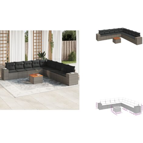 10-tlg. Garten-Sofagarnitur mit Kissen Grau Poly Rattan - Gartenmöbel - Esstischgarnituren - Outdoor Möbel - Lounge Set - Rattan Gartenmöbel