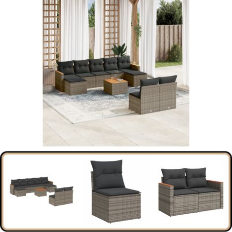 10-tlg. Garten-Sofagarnitur mit Kissen Grau Poly Rattan - Gartenmöbel - Esszimmergarnituren - Outdoor Furniture - Lounge Set - Rattan Gartenmöbel