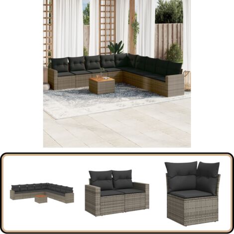 10-tlg. Garten-Sofagarnitur mit Kissen Grau Poly Rattan - Gartenmöbel Set - Lounge Möbel - Outdoor Möbel - Rattan Gartenmöbel - Wetterfeste Gartenmöbel