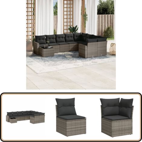 10-tlg. Garten-Sofagarnitur mit Kissen Grau Poly Rattan - Gartenmöbel Set - Outdoor Möbel - Rattan Gartenset - Lounge Set - Esstisch Set