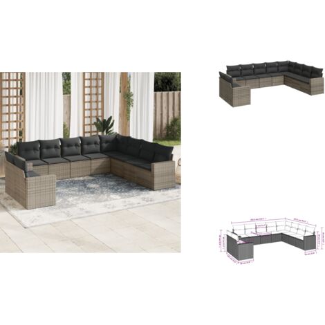 10-tlg. Garten-Sofagarnitur mit Kissen Grau Poly Rattan - Gartensofas - Outdoor Möbel - Lounge Set - Gartenlounge - Rattan Sofa