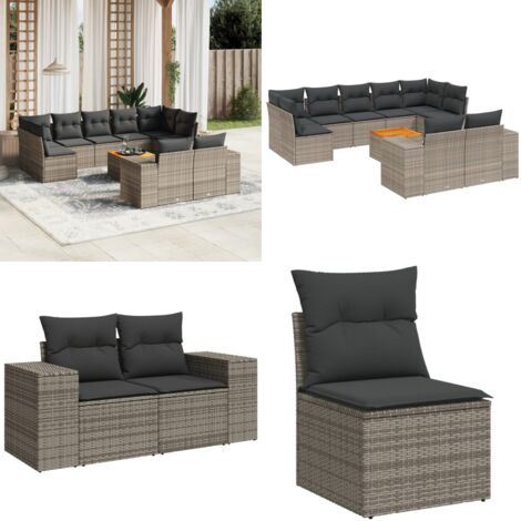 10-tlg. Garten-Sofagarnitur mit Kissen Grau Poly Rattan - Gartensorte - Gartenmöbelset - Outdoor Möbel - Lounge Set - Rattan Gartenmöbel - Home & Living