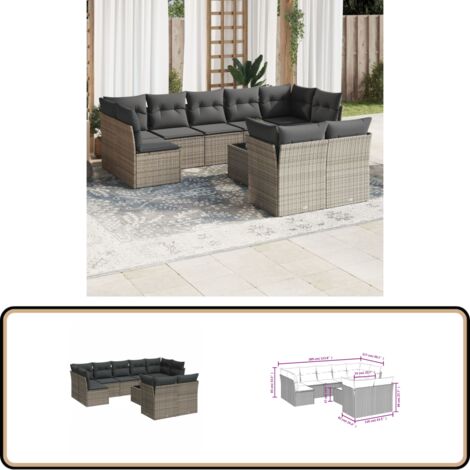 10-tlg. Garten-Sofagarnitur mit Kissen Grau Poly Rattan - Gartensortiment - Gartenmöbelset - Outdoor Möbel - Lounge Set - Rattan Gartenmöbel