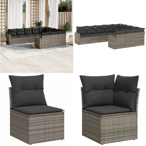 10-tlg. Garten-Sofagarnitur mit Kissen Grau Poly Rattan - Gartensortiment - Gartenmöbelset - Outdoor Möbel - Lounge Set - Rattan Gartenmöbel - Home & Living