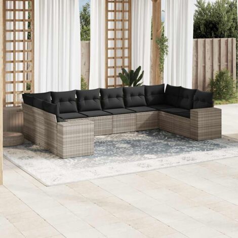 10-tlg. Garten-Sofagarnitur mit Kissen Hellgrau Poly Rattan vidaXL