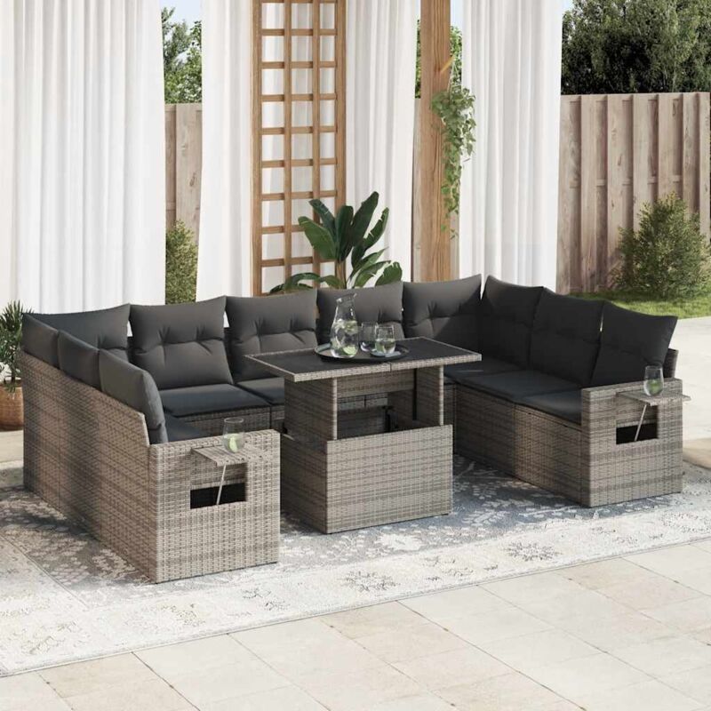 Vidaxl - 10-tlg. Garten-sofagarnitur Mit Kissen Grau Poly Rattan