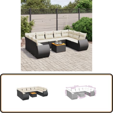 10-tlg. Garten-Sofagarnitur mit Kissen Schwarz Poly Rattan - Gartenmöbel - Esstischgarnituren - Outdoor Möbel - Lounge Set - Rattan Gartenmöbel