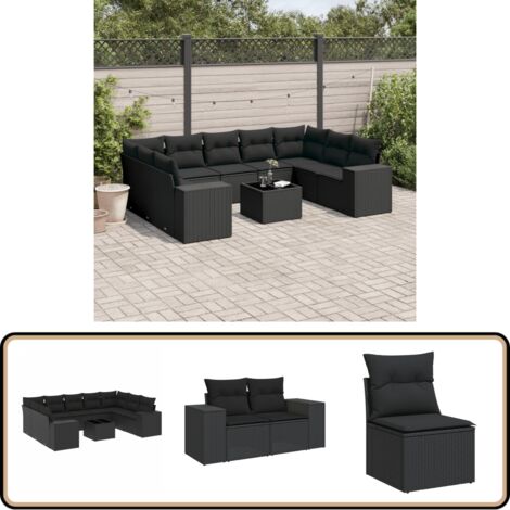 10-tlg. Garten-Sofagarnitur mit Kissen Schwarz Poly Rattan - Gartenmöbel - Esstischgarnituren - Outdoor Möbel - Lounge Set - Rattan Gartenmöbel