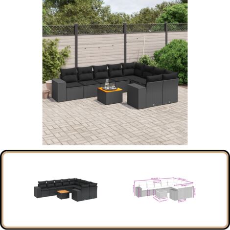 10-tlg. Garten-Sofagarnitur mit Kissen Schwarz Poly Rattan - Gartenmöbel - Esstischgarnituren - Outdoor Möbel - Lounge Set - Rattan Gartenmöbel
