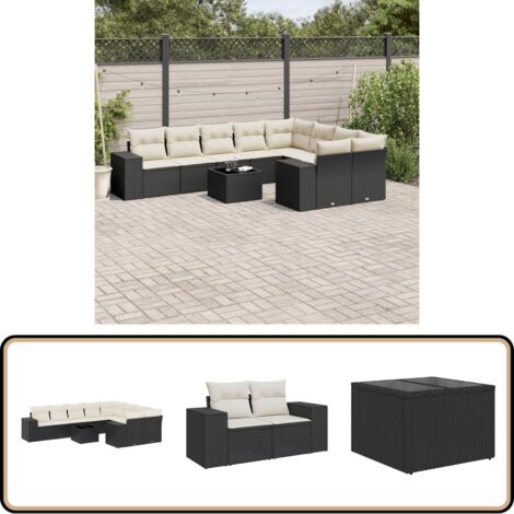 10-tlg. Garten-Sofagarnitur mit Kissen Schwarz Poly Rattan - Gartenmöbel - Esstischgarnituren - Outdoor Möbel - Lounge Set - Rattan Gartenmöbel
